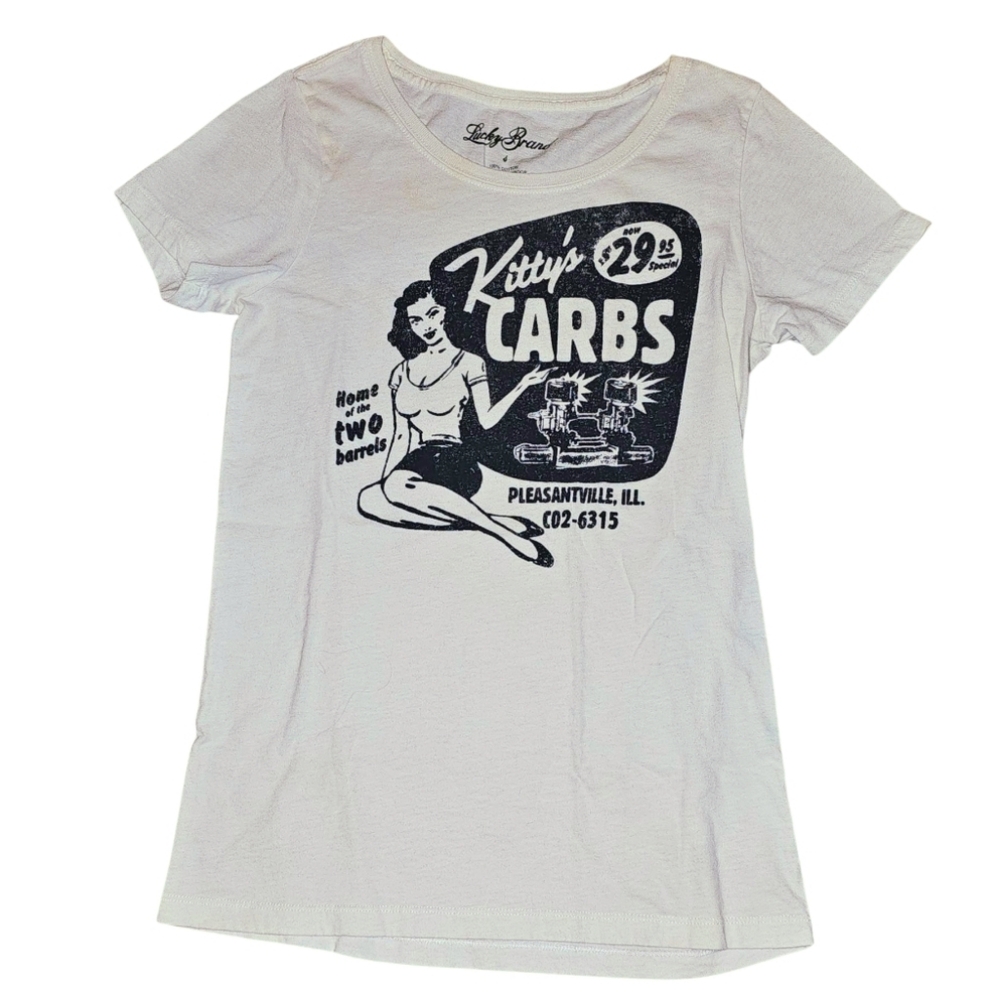 Y2K Lucky Brand Pinup "Kitty's Carbs" Garage Style Graphic T-Shirt - Small